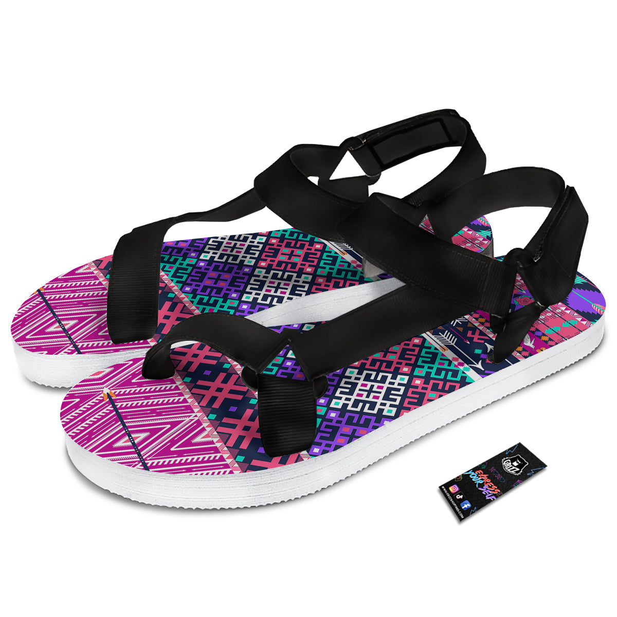 Navajo Tribal Colorful Native Print Black Open Toe Sandals-grizzshop