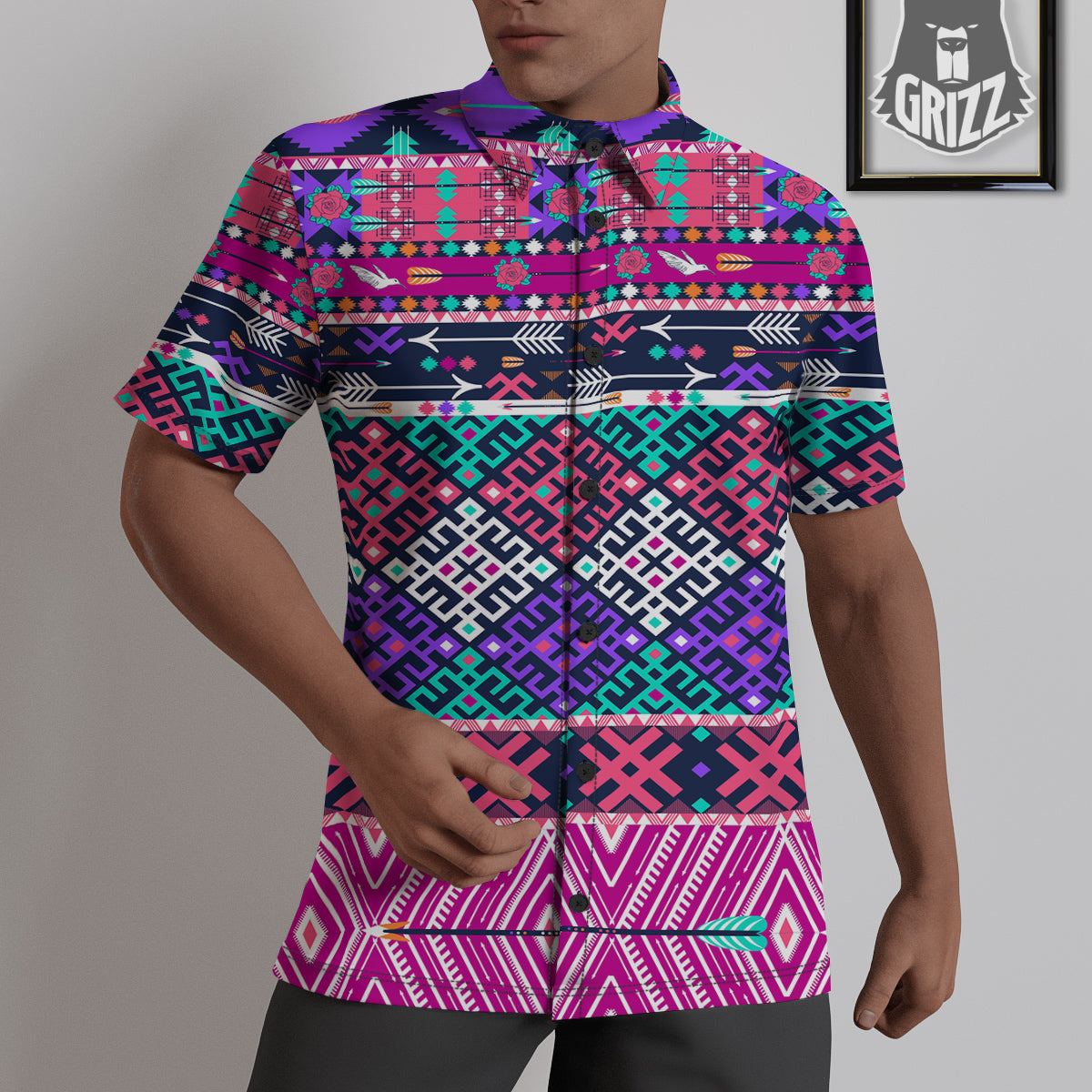 Navajo Tribal Colorful Native Print Untucked Shirts-grizzshop