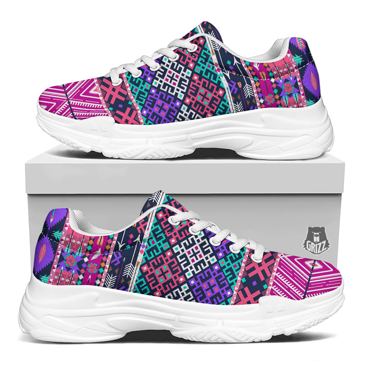 Navajo Tribal Colorful Native Print White Chunky Shoes-grizzshop