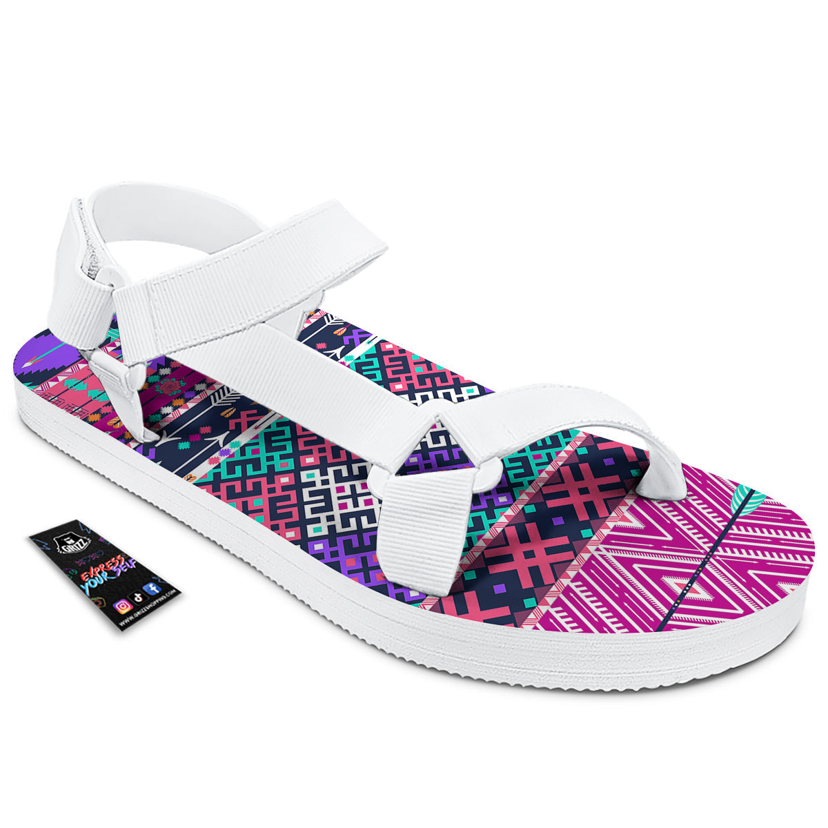 Navajo Tribal Colorful Native Print White Open Toe Sandals-grizzshop
