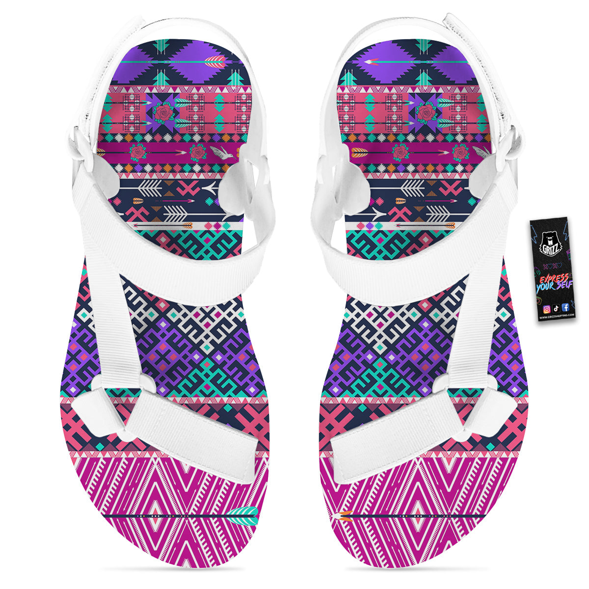 Navajo Tribal Colorful Native Print White Open Toe Sandals-grizzshop