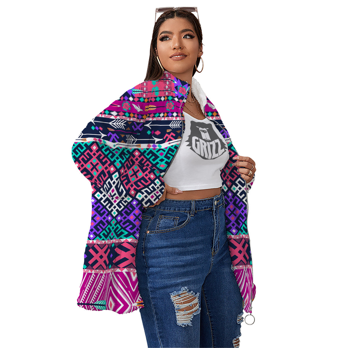 Navajo Tribal Colorful Native Print Women's Sherpa Jacket-grizzshop