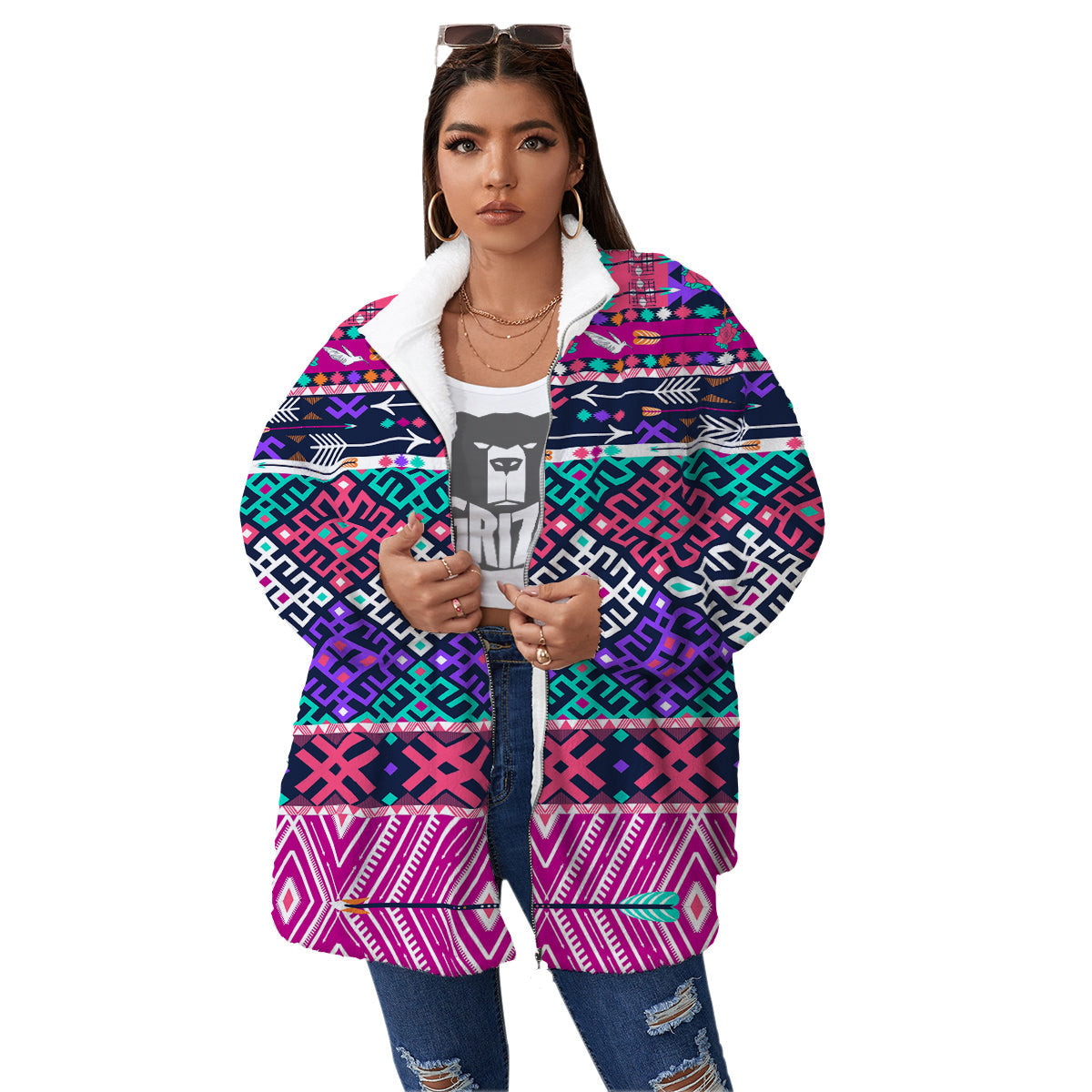 Navajo Tribal Colorful Native Print Women's Sherpa Jacket-grizzshop