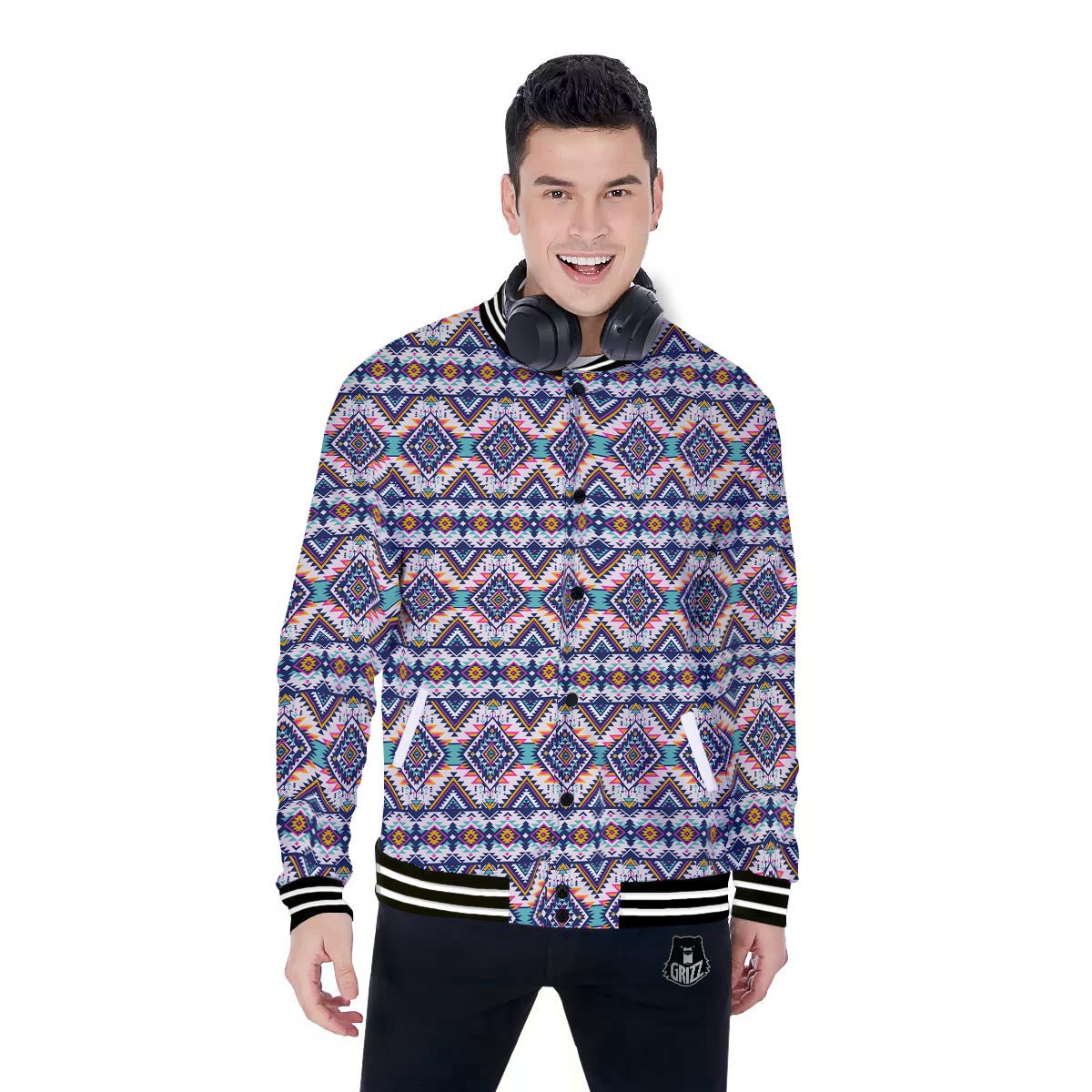 Navajo Tribal Pendleton Print Pattern Baseball Jacket-grizzshop