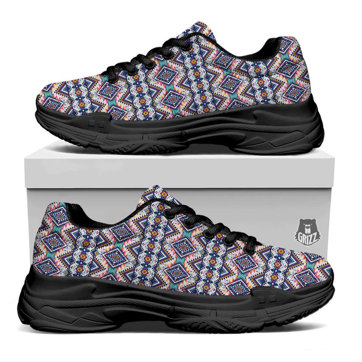 Navajo Tribal Pendleton Print Pattern Black Chunky Shoes-grizzshop