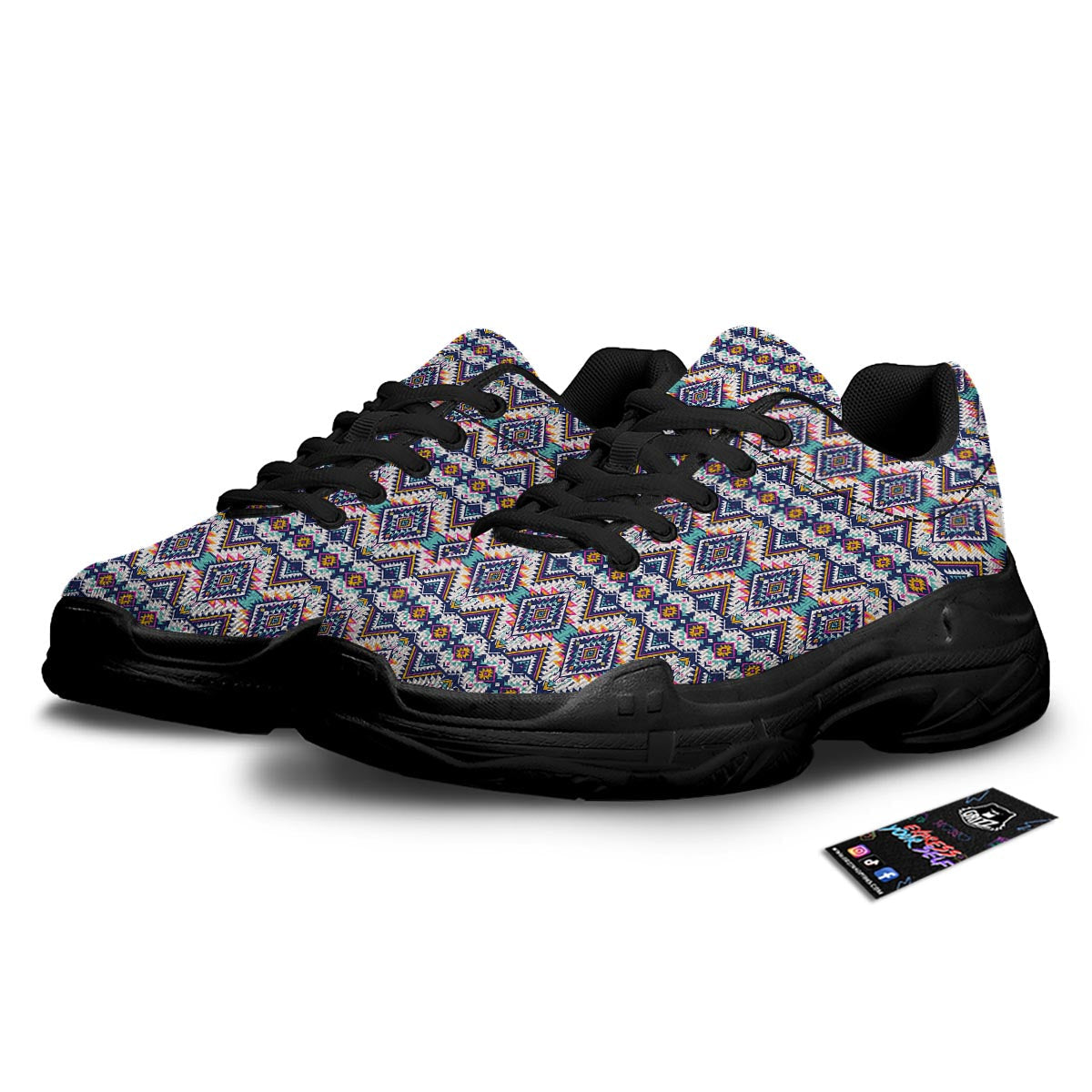 Navajo Tribal Pendleton Print Pattern Black Chunky Shoes-grizzshop