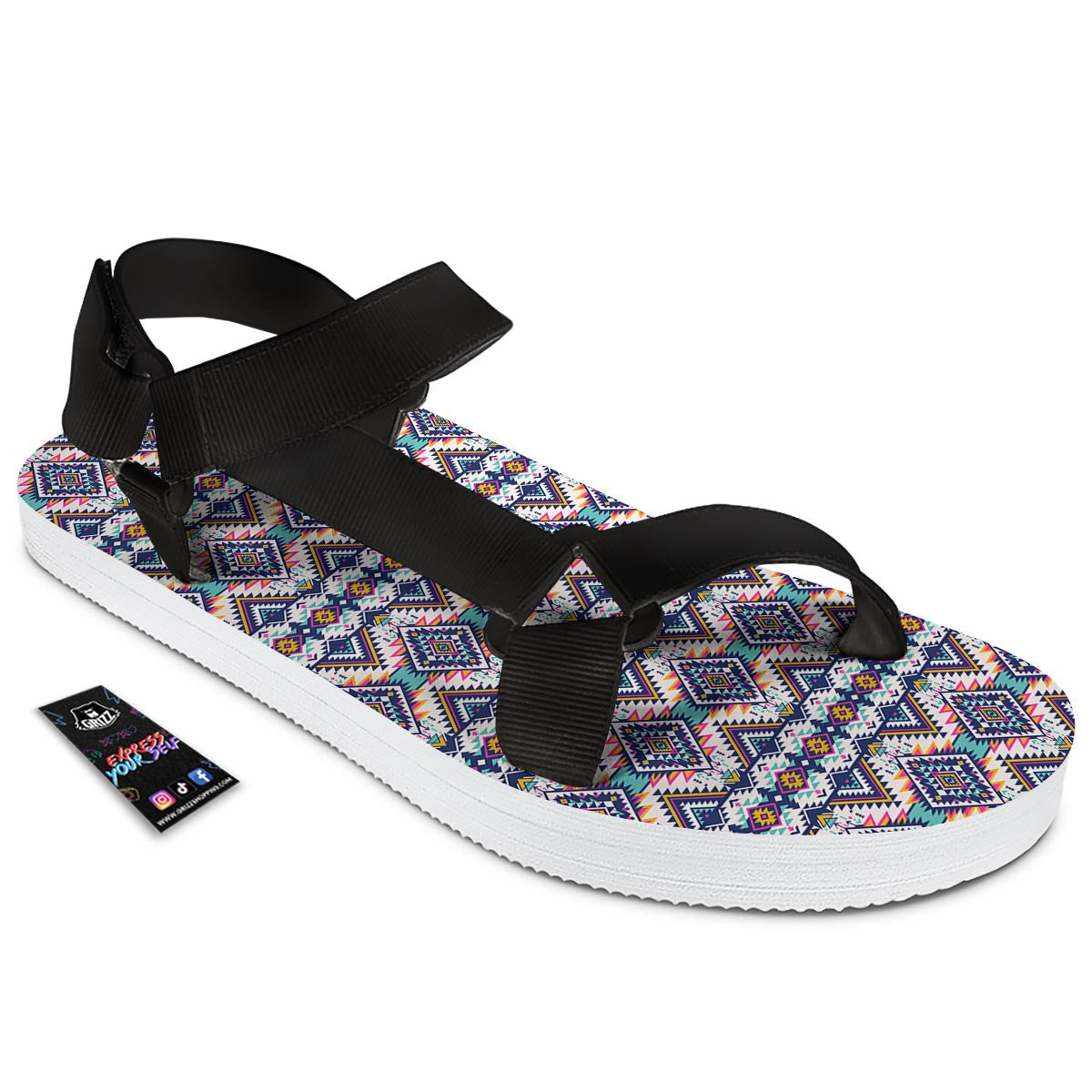 Navajo Tribal Pendleton Print Pattern Black Open Toe Sandals-grizzshop