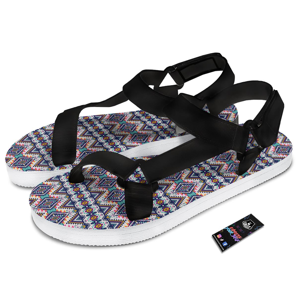 Navajo Tribal Pendleton Print Pattern Black Open Toe Sandals-grizzshop