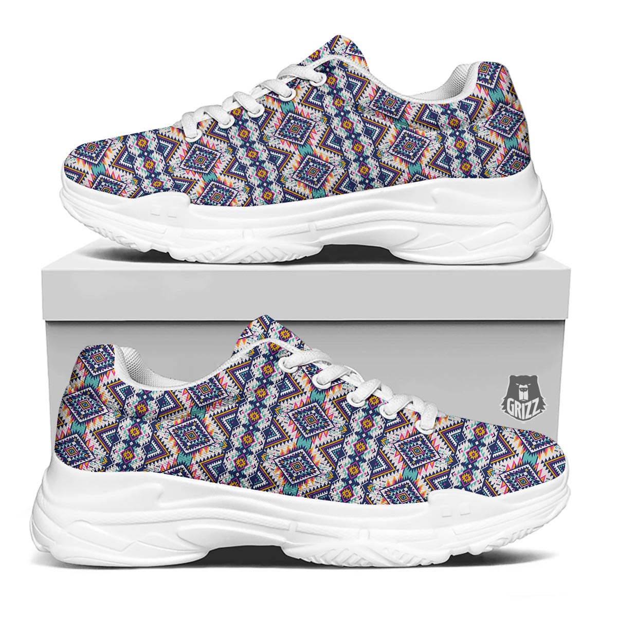 Navajo Tribal Pendleton Print Pattern White Chunky Shoes-grizzshop