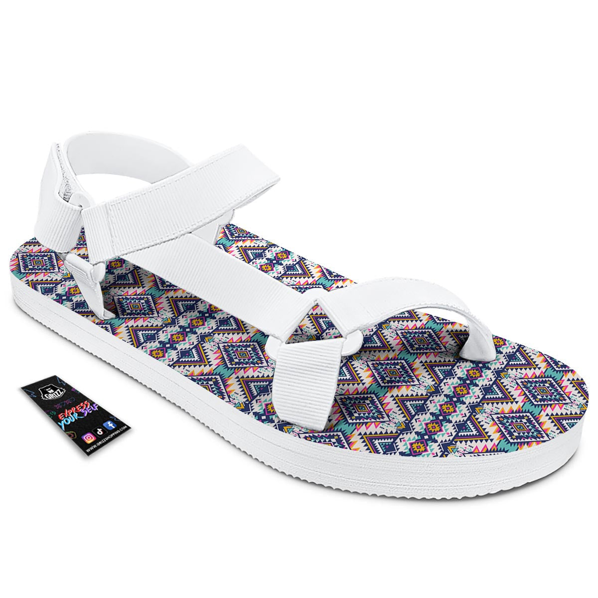 Navajo Tribal Pendleton Print Pattern White Open Toe Sandals-grizzshop