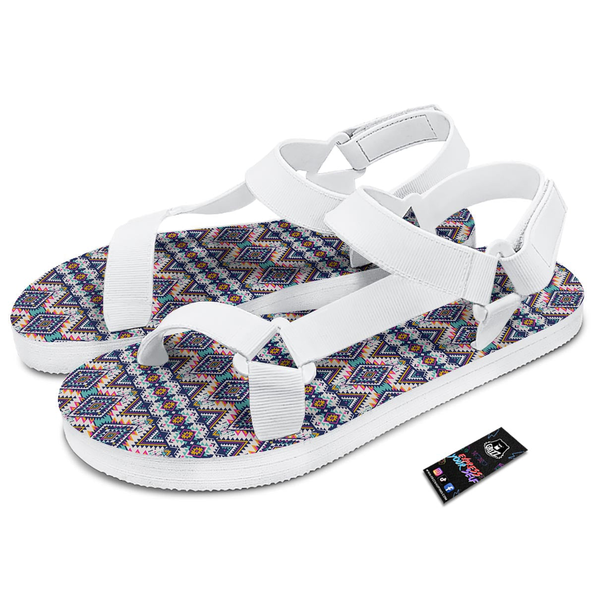 Navajo Tribal Pendleton Print Pattern White Open Toe Sandals-grizzshop