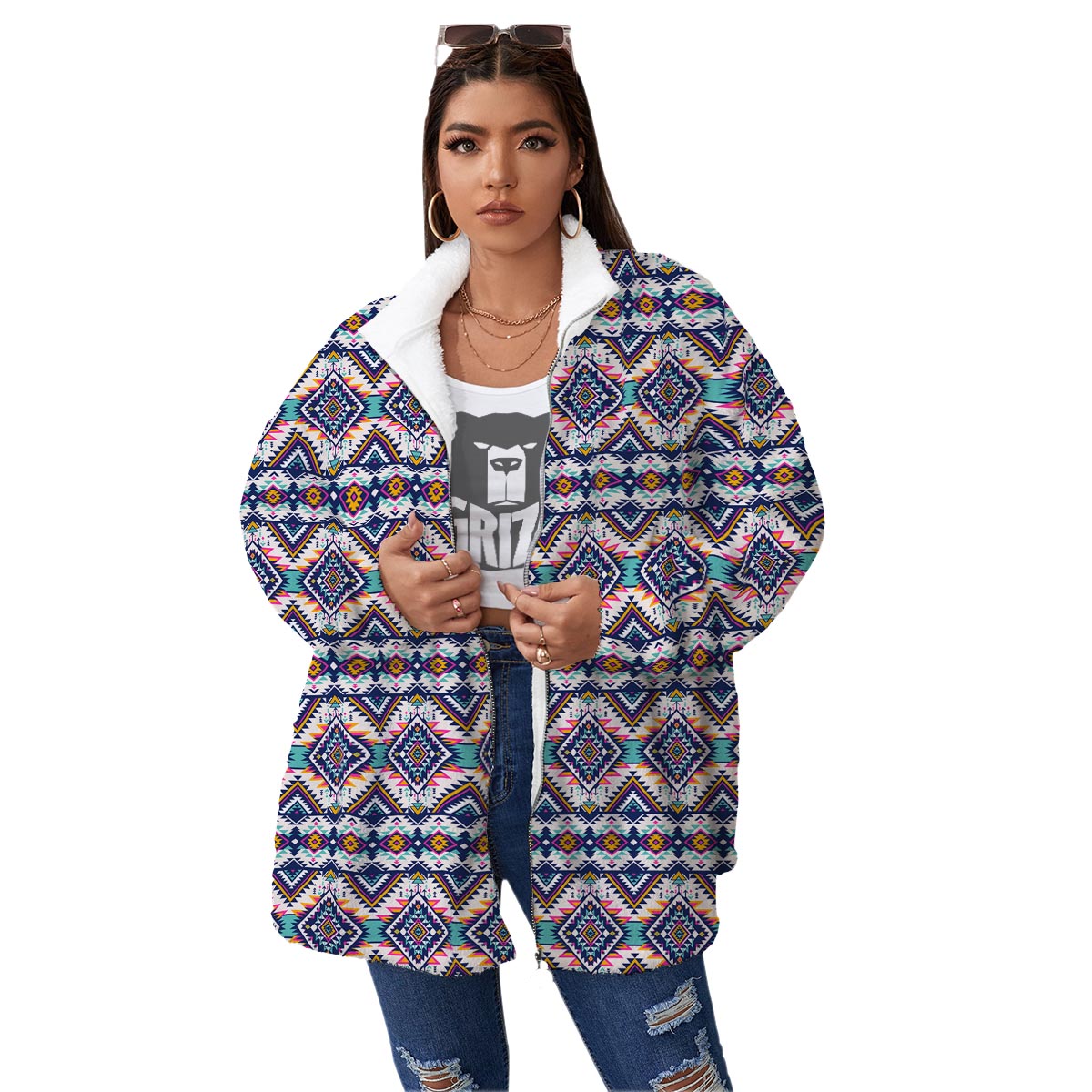 Navajo Tribal Pendleton Print Pattern Women's Sherpa Jacket-grizzshop