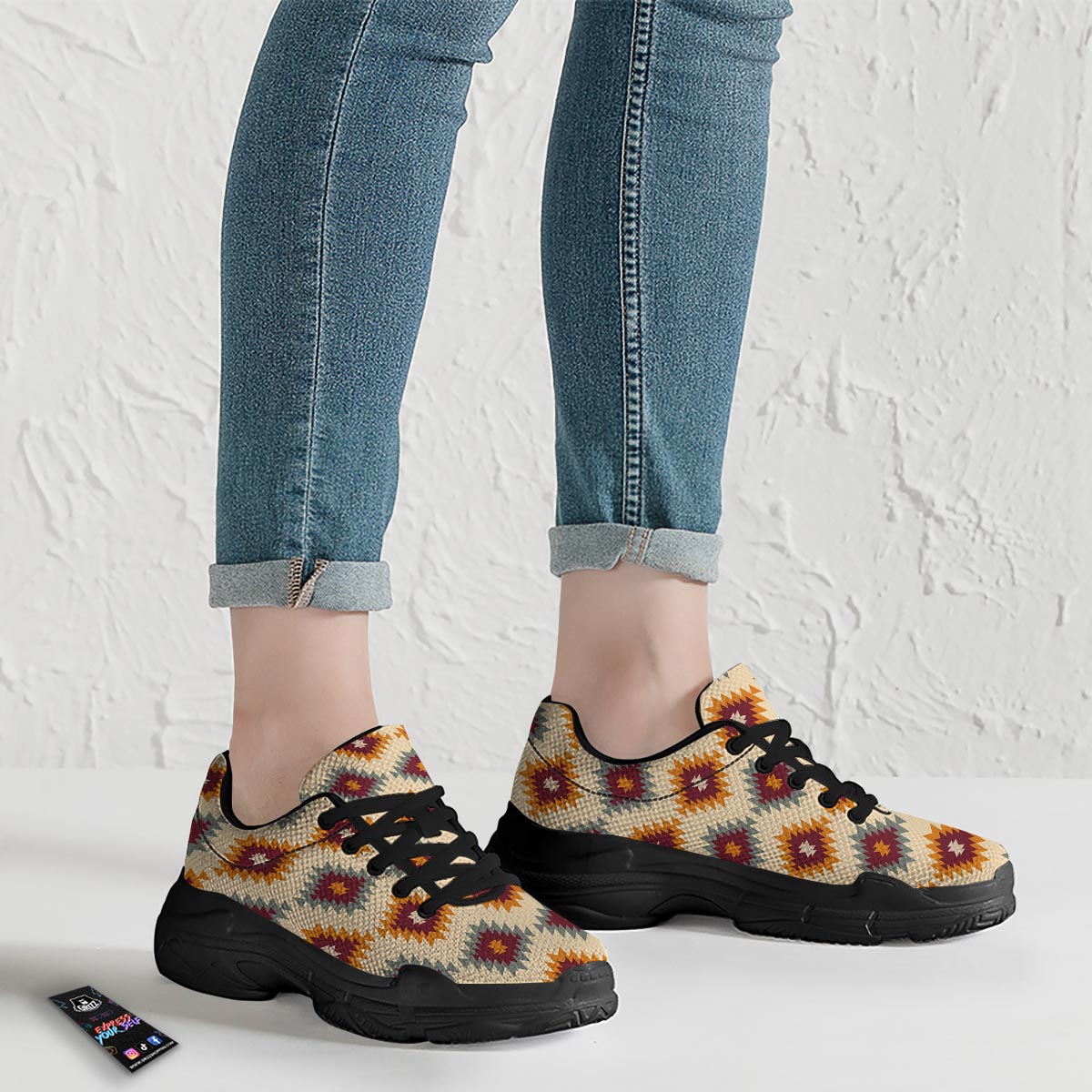 Navajo Tribal Southwestern Print Pattern Black Chunky Shoes-grizzshop