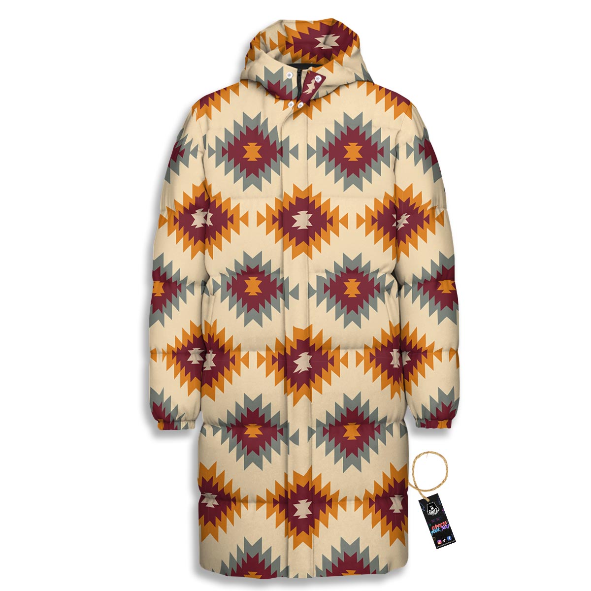 Navajo Tribal Southwestern Print Pattern Long Down Jacket-grizzshop