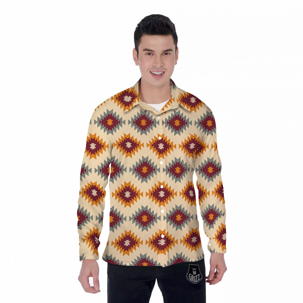 Navajo Tribal Southwestern Print Pattern Men's Long Sleeve Shirts-grizzshop