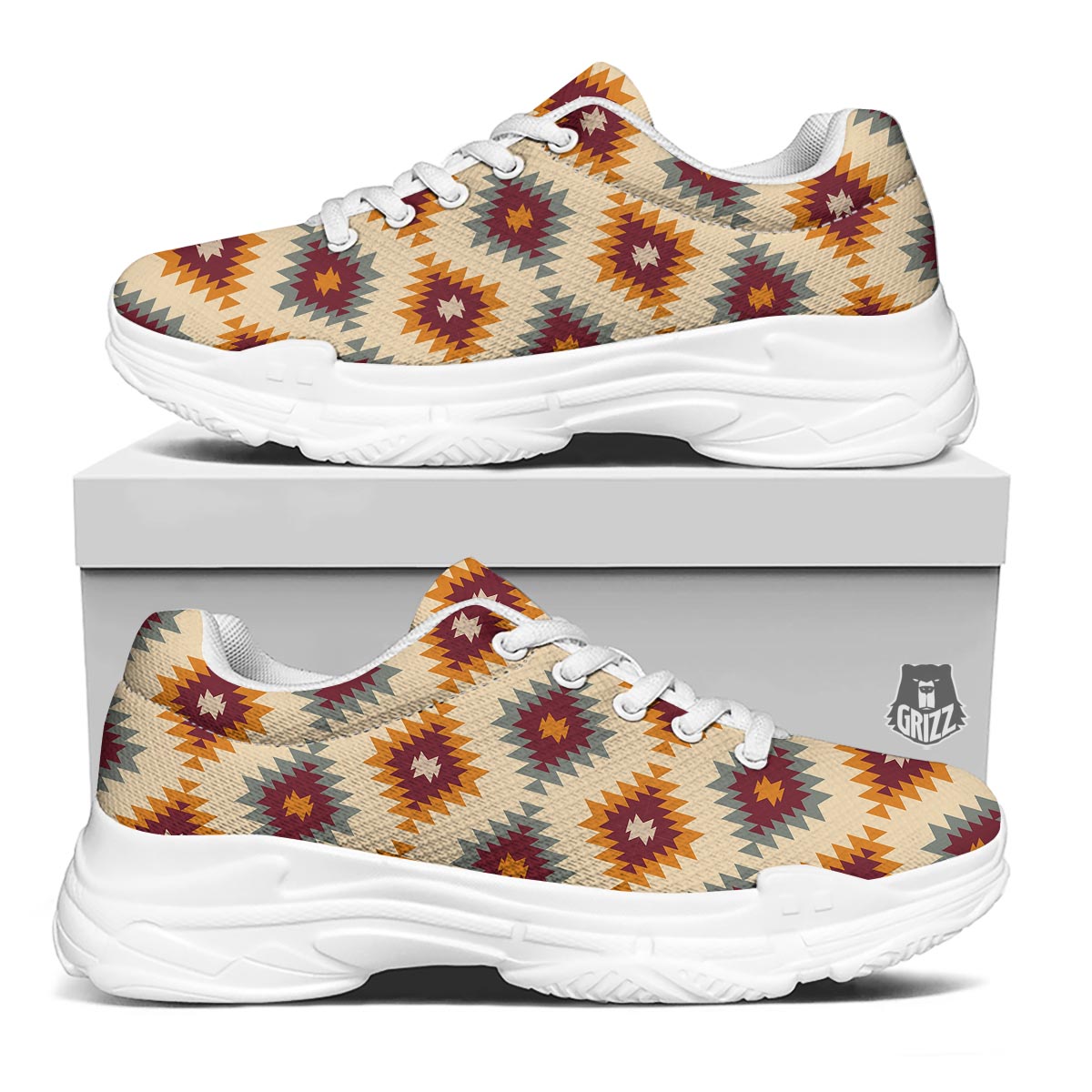 Navajo Tribal Southwestern Print Pattern White Chunky Shoes-grizzshop