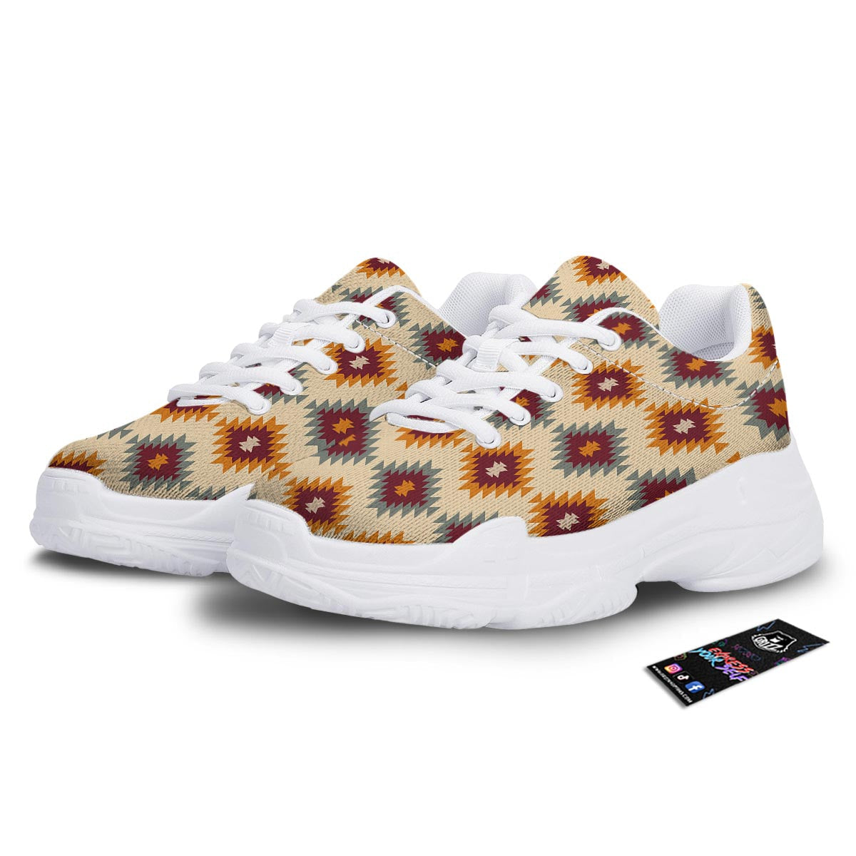 Navajo Tribal Southwestern Print Pattern White Chunky Shoes-grizzshop