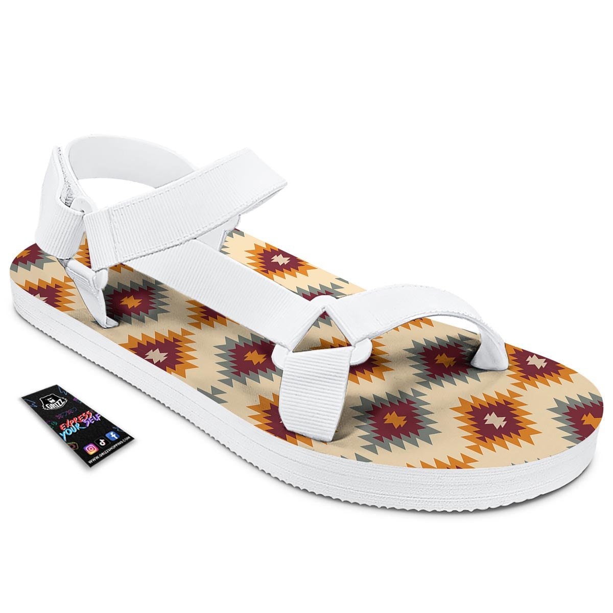 Navajo Tribal Southwestern Print Pattern White Open Toe Sandals-grizzshop