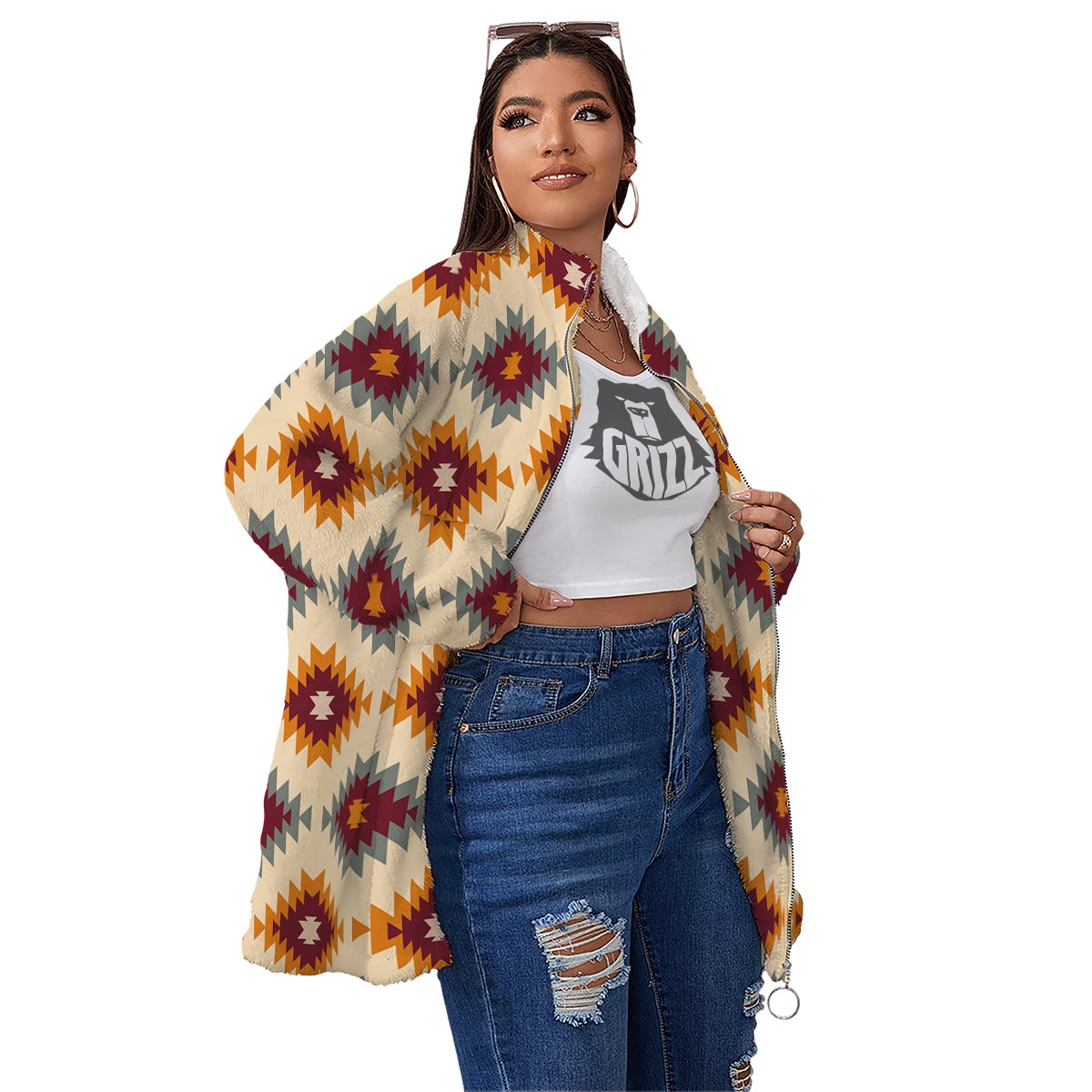 Navajo Tribal Southwestern Print Pattern Women's Sherpa Jacket-grizzshop