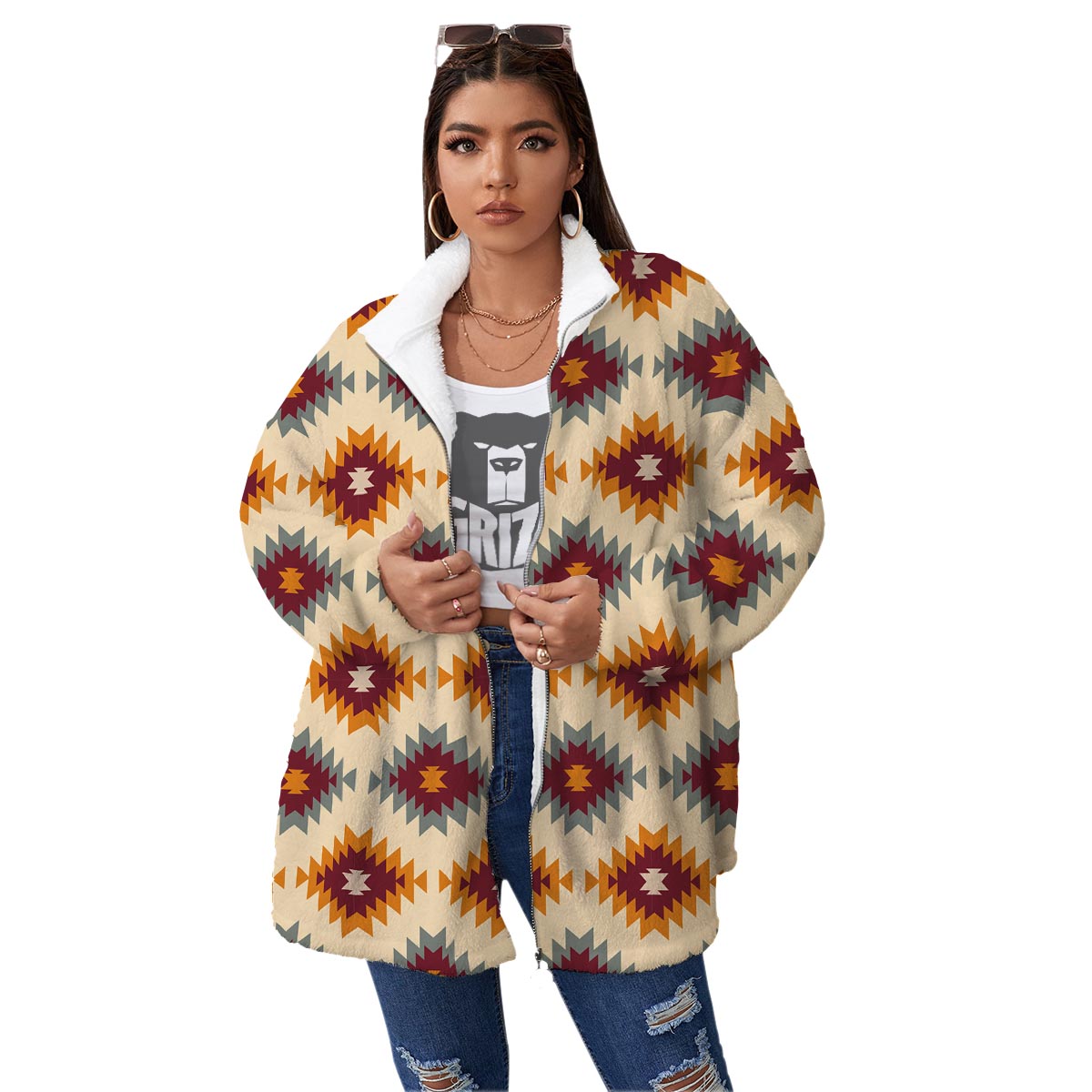 Navajo Tribal Southwestern Print Pattern Women's Sherpa Jacket-grizzshop