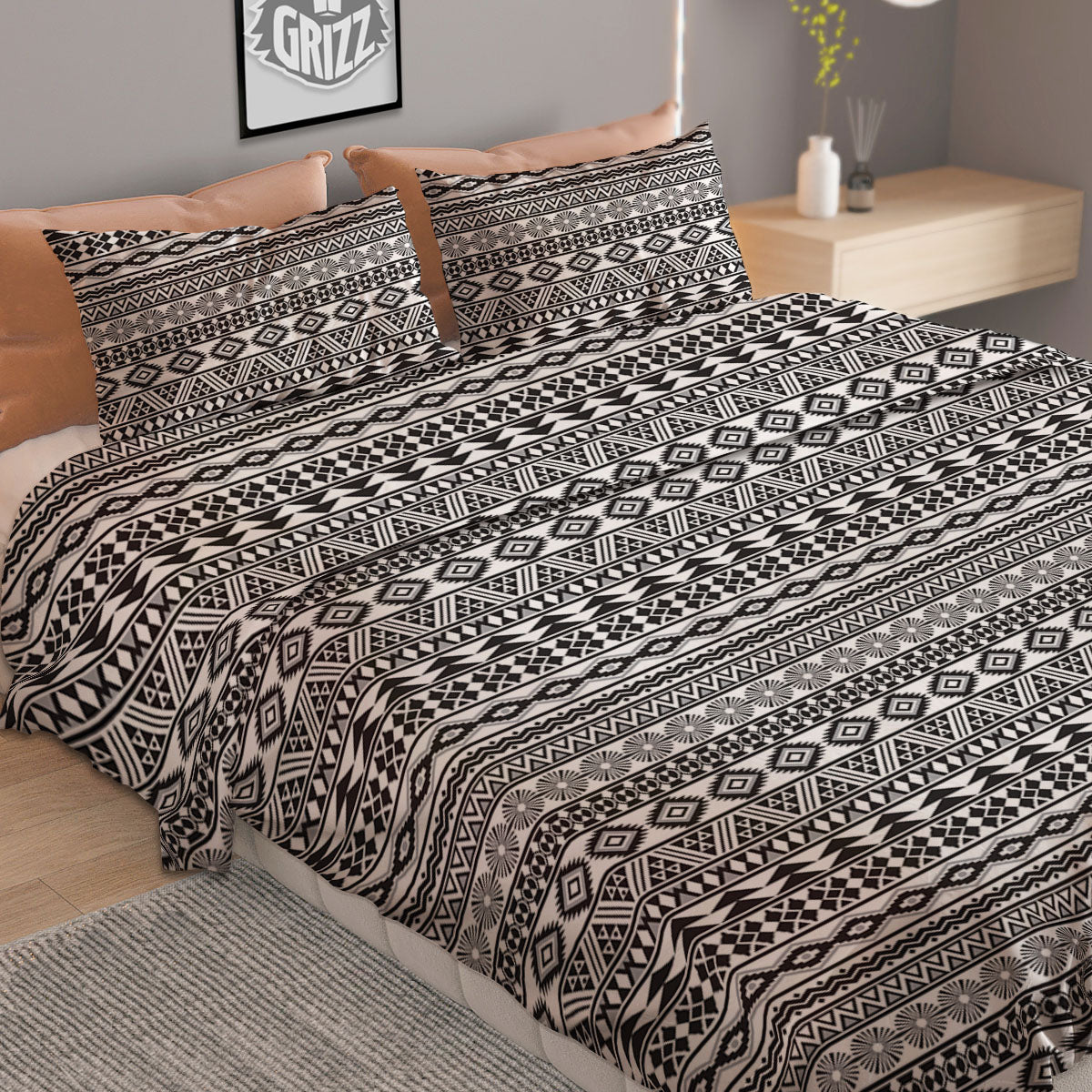 Navajo Tribal White And Black Print Duvet Cover Bedding Set