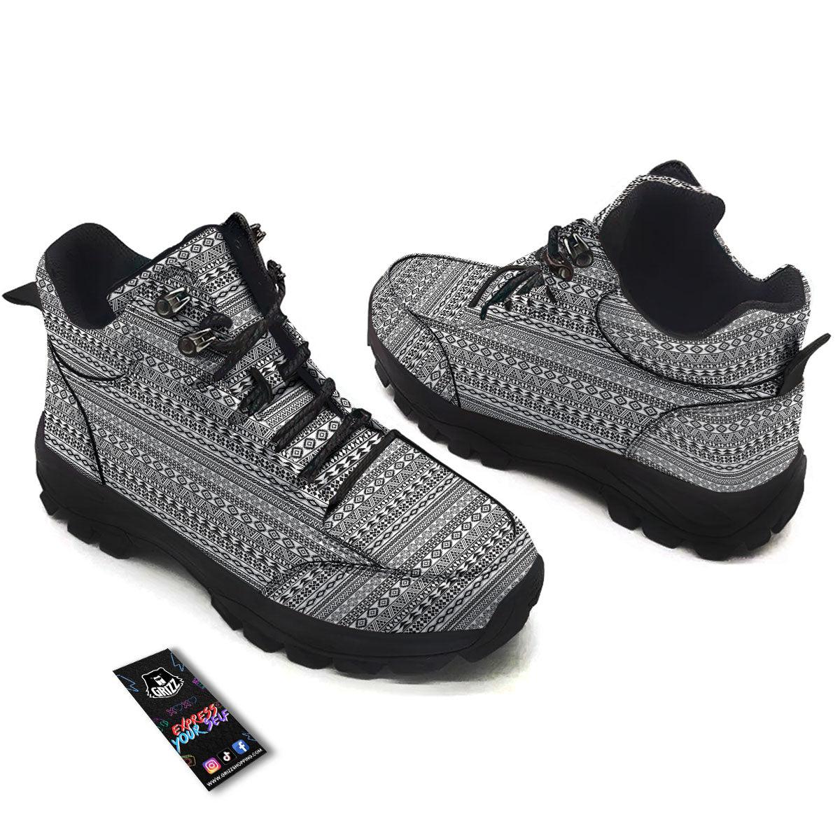 Navajo Tribal White And Black Print Hiking Shoes-grizzshop