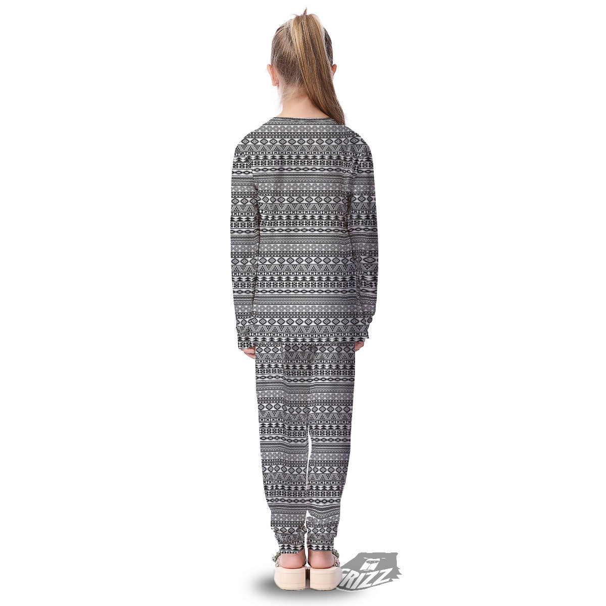 Navajo Tribal White And Black Print Kid's Pajamas-grizzshop