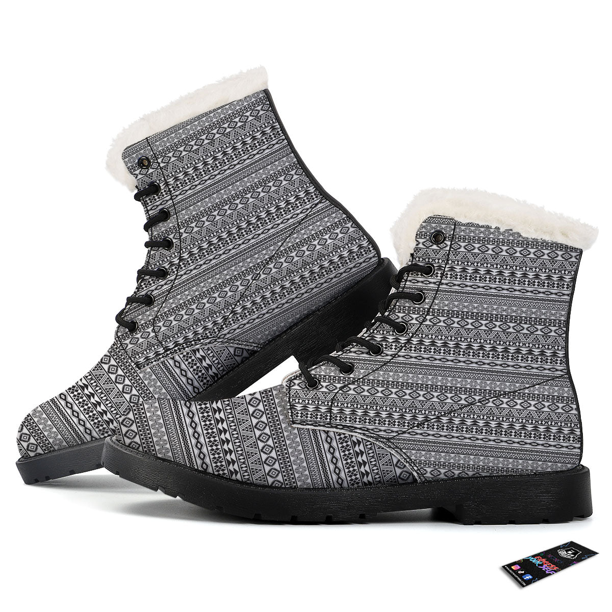 Navajo Tribal White And Black Print Winter Boots-grizzshop