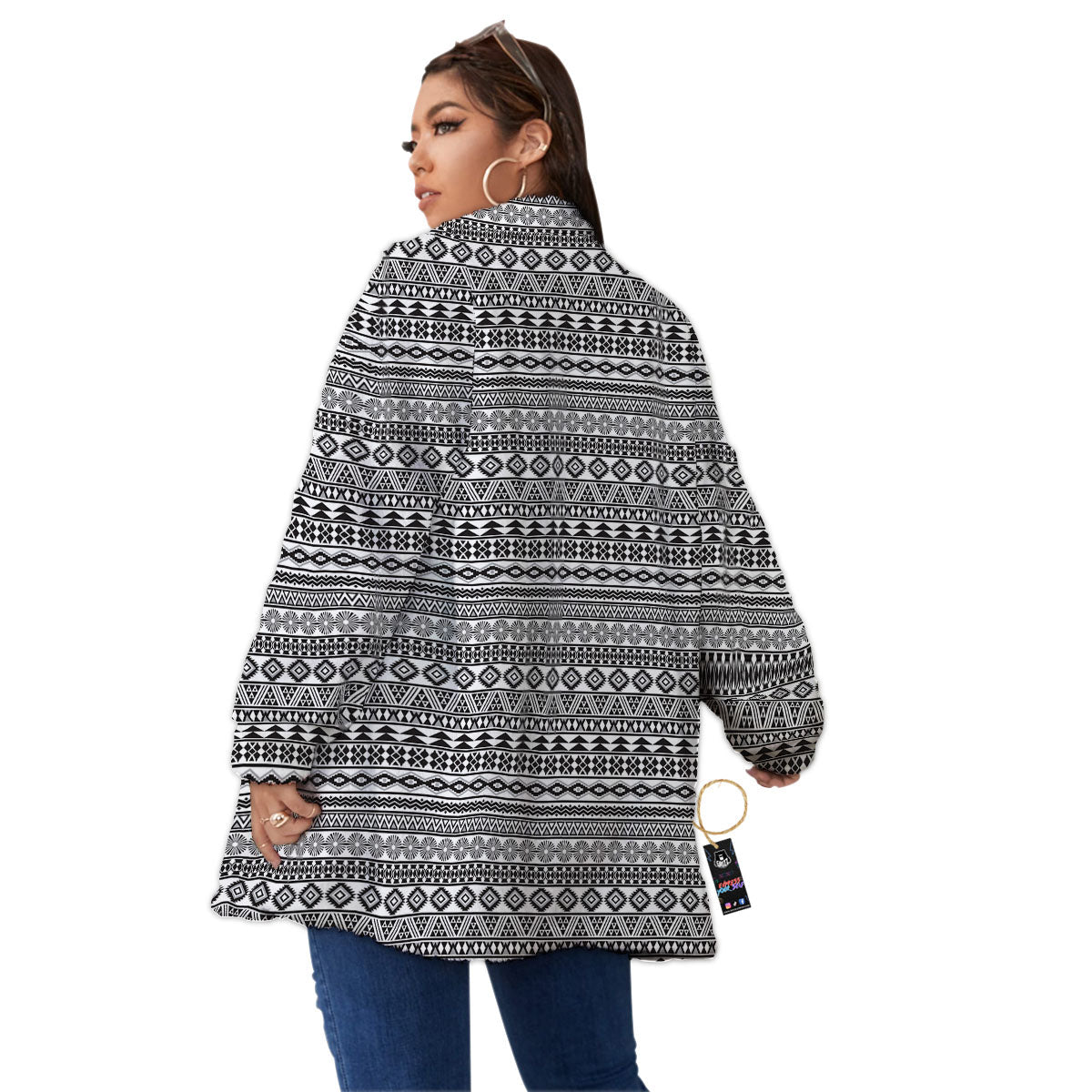 Navajo Tribal White And Black Print Women's Sherpa Jacket-grizzshop
