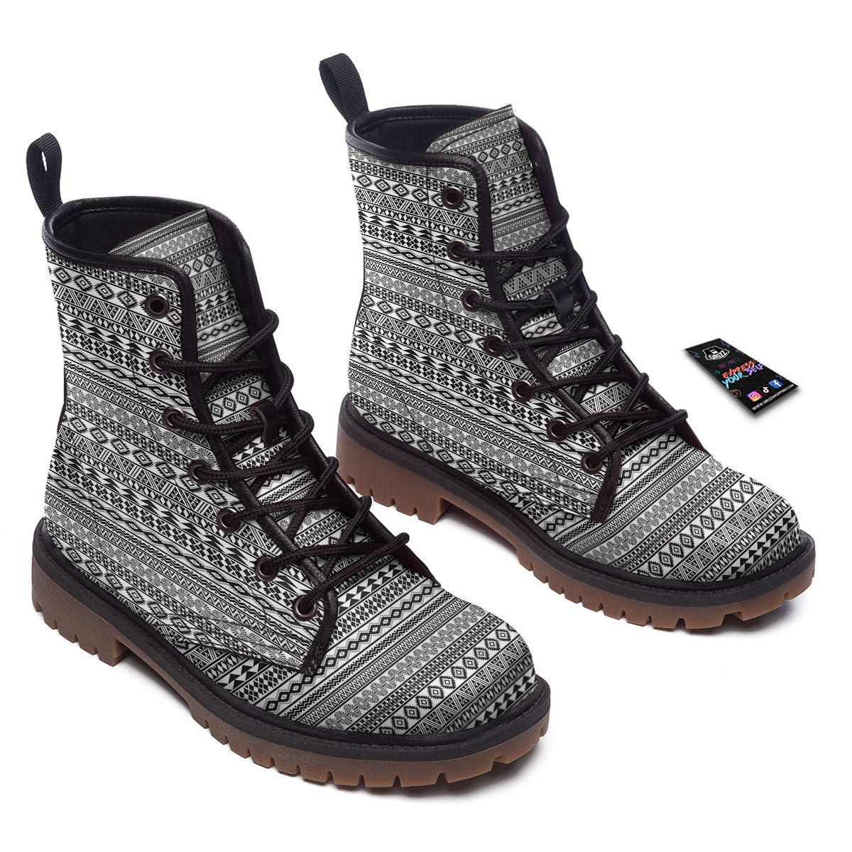 Navajo Tribal White And Black Print Work Boots-grizzshop