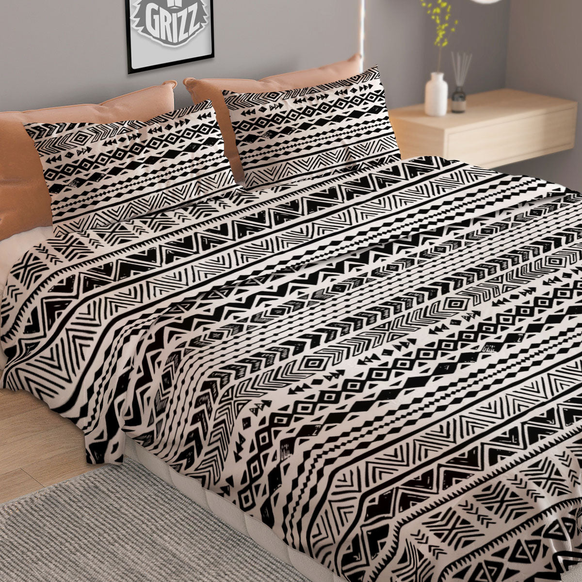 Navajo White And Black Print Pattern Duvet Cover Bedding Set