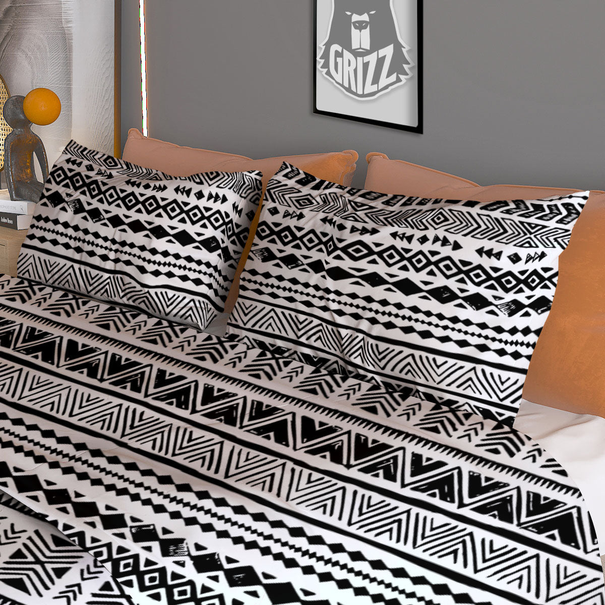 Navajo White And Black Print Pattern Duvet Cover Bedding Set