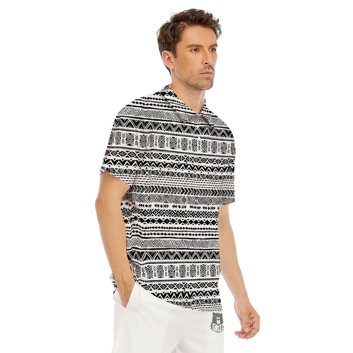 Navajo White And Black Print Pattern Men's Golf Shirts-grizzshop