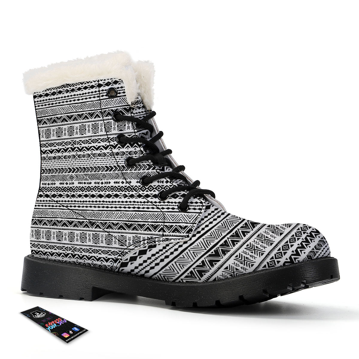 Navajo White And Black Print Pattern Winter Boots-grizzshop