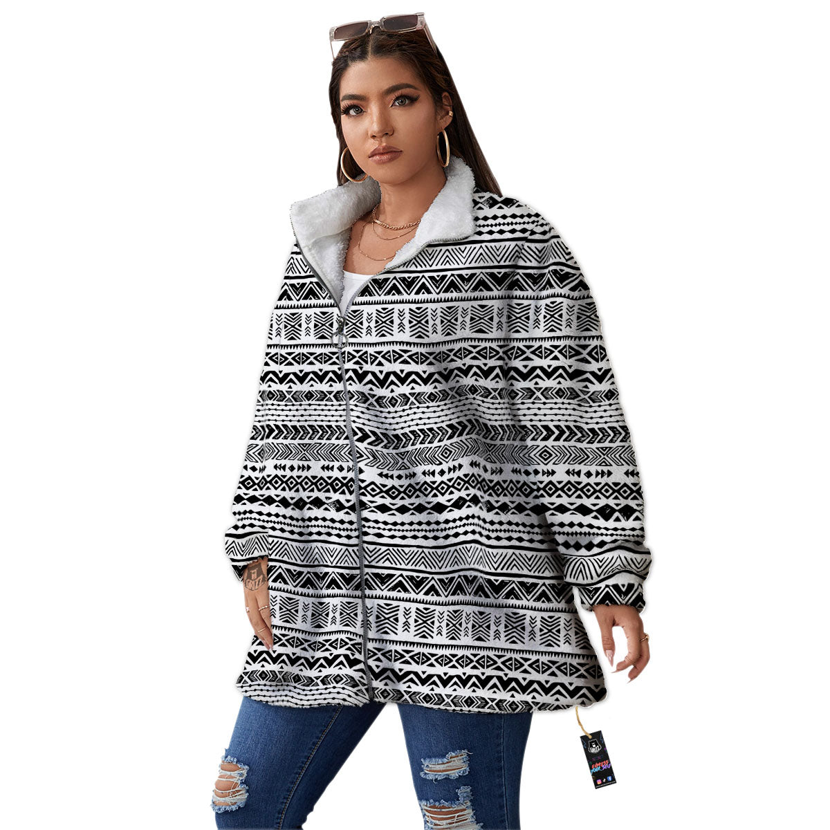 Navajo White And Black Print Pattern Women's Sherpa Jacket-grizzshop