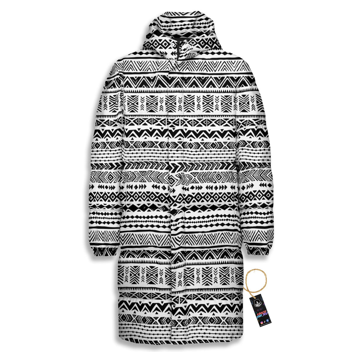 Navajo White And Black Print Pattern Long Down Jacket