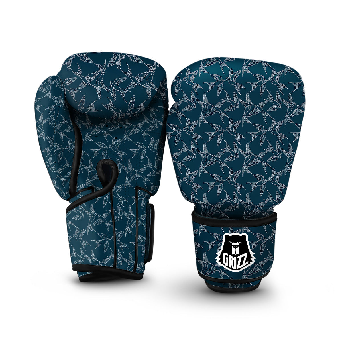 Navy Blue Swallow Drawing Print Pattern Boxing Gloves-grizzshop