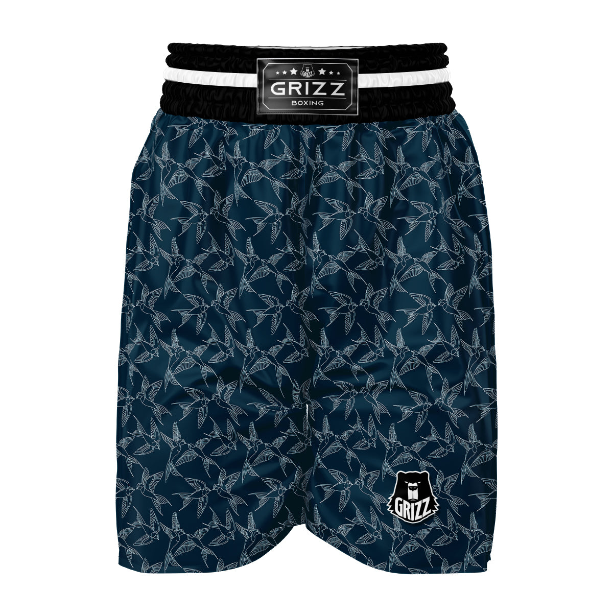 Navy Blue Swallow Drawing Print Pattern Boxing Shorts-grizzshop
