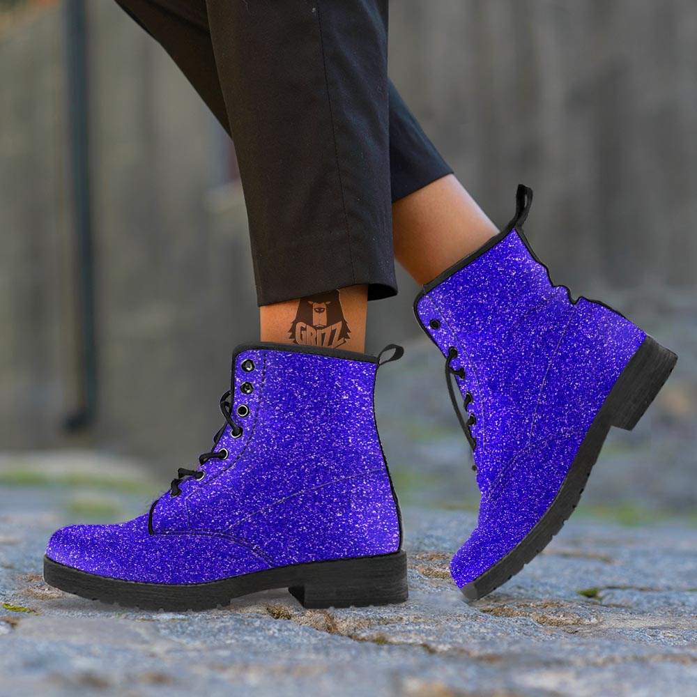 Navy Glitter Artwork Print Leather Boots-grizzshop