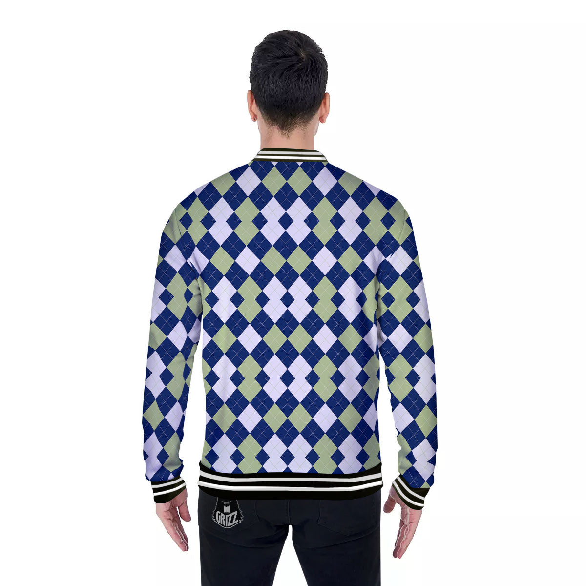 Navy Green And White Argyle Print Baseball Jacket-grizzshop