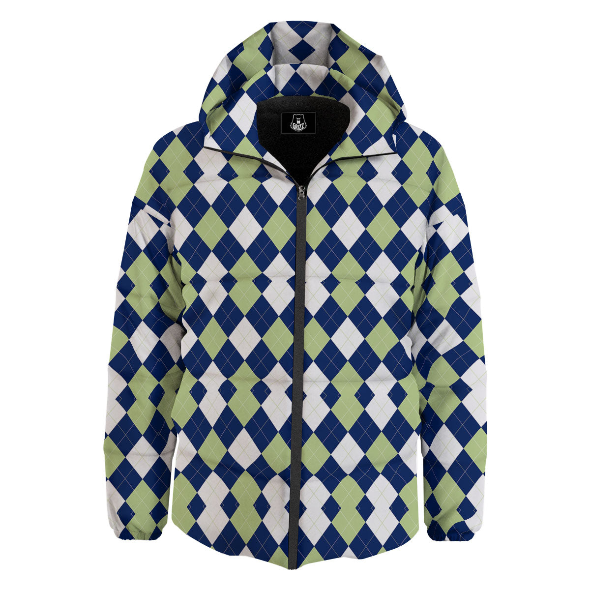 Navy Green And White Argyle Print Down Jacket-grizzshop