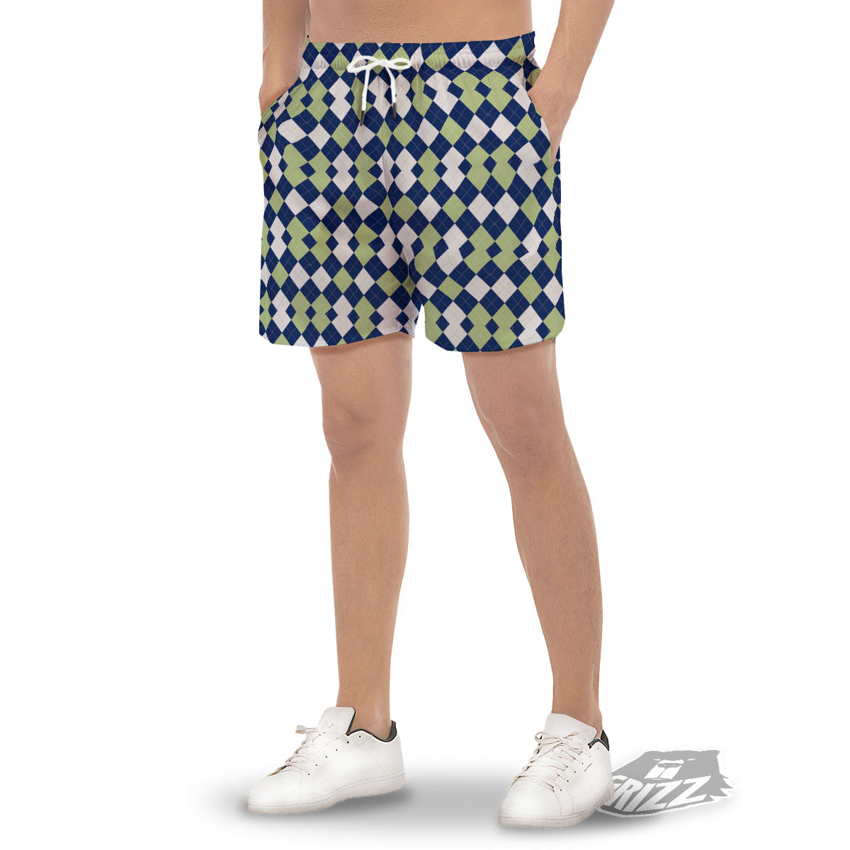 Navy Green And White Argyle Print Men's Gym Shorts-grizzshop