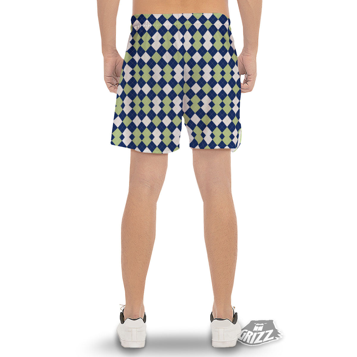 Navy Green And White Argyle Print Men's Gym Shorts-grizzshop