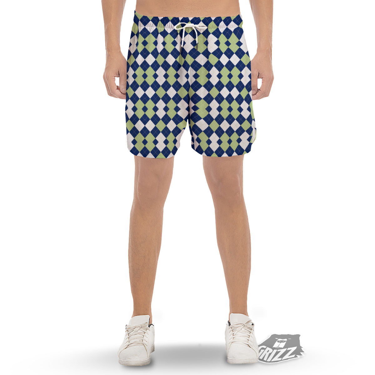Navy Green And White Argyle Print Men's Gym Shorts-grizzshop