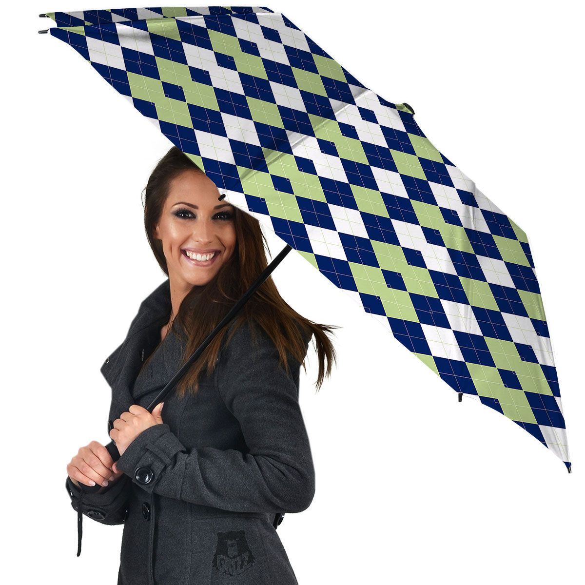 Navy Green And White Argyle Print Umbrella-grizzshop