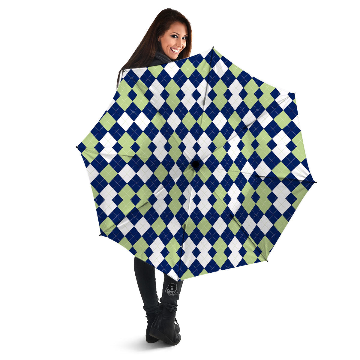 Navy Green And White Argyle Print Umbrella-grizzshop