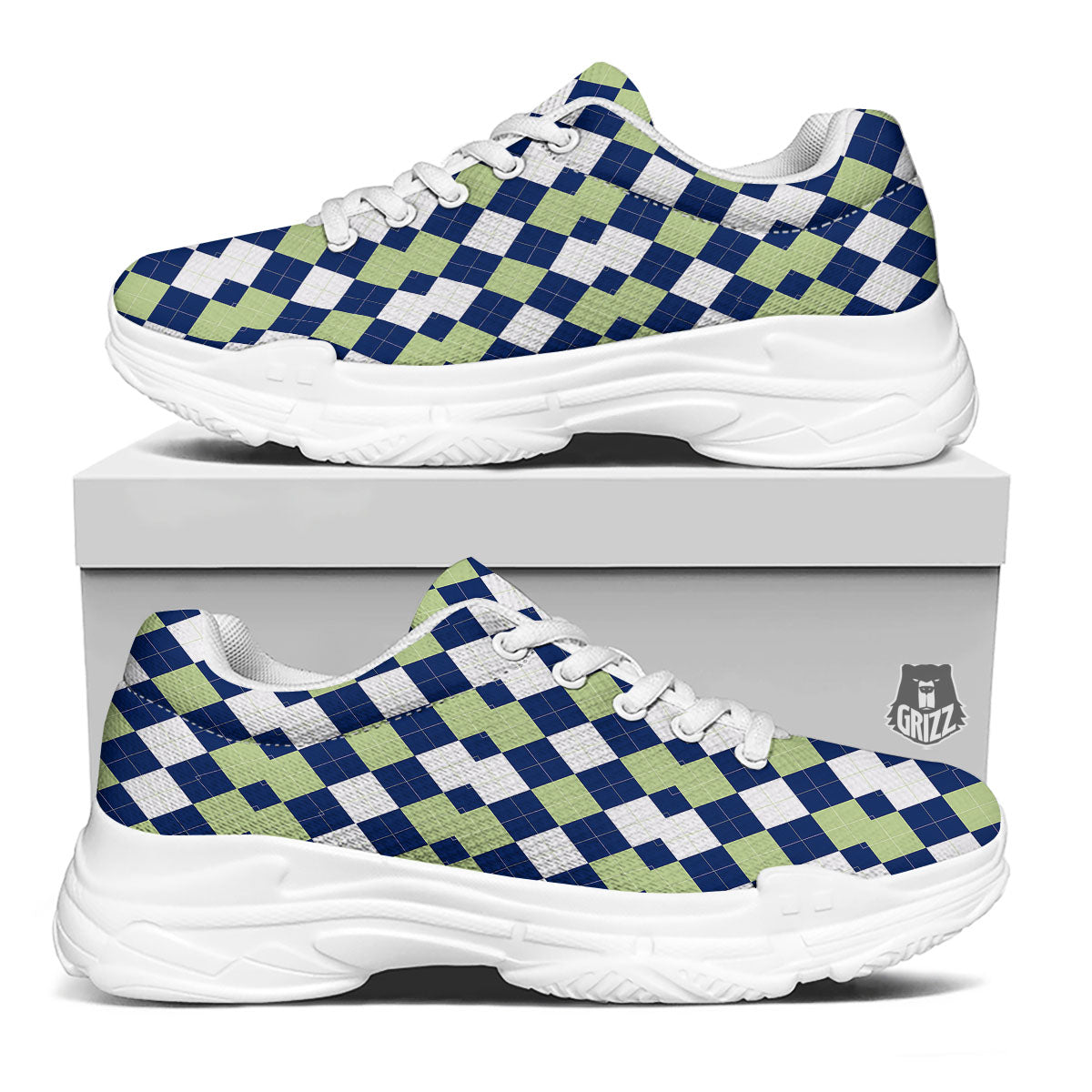 Navy Green And White Argyle Print White Chunky Shoes-grizzshop
