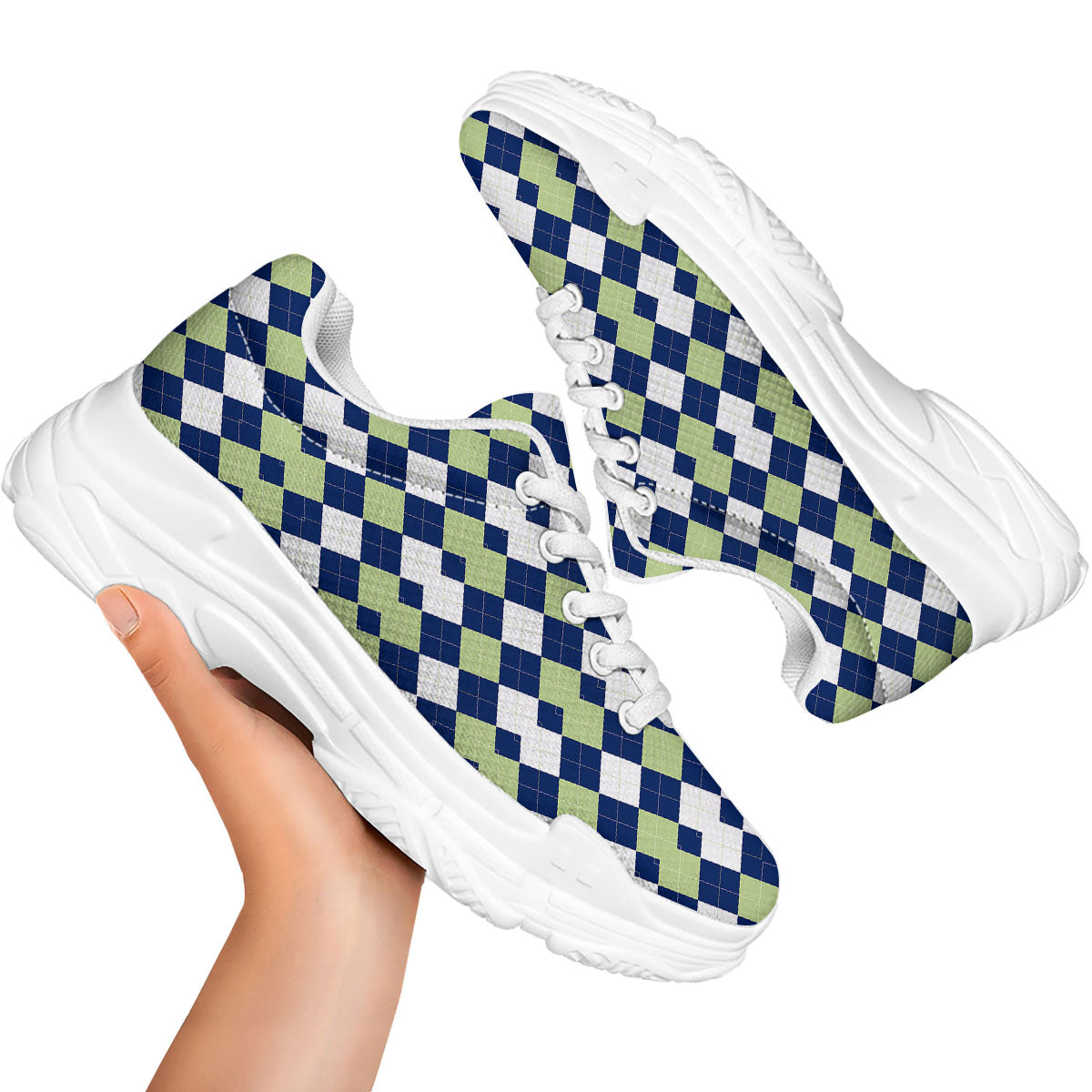Navy Green And White Argyle Print White Chunky Shoes-grizzshop
