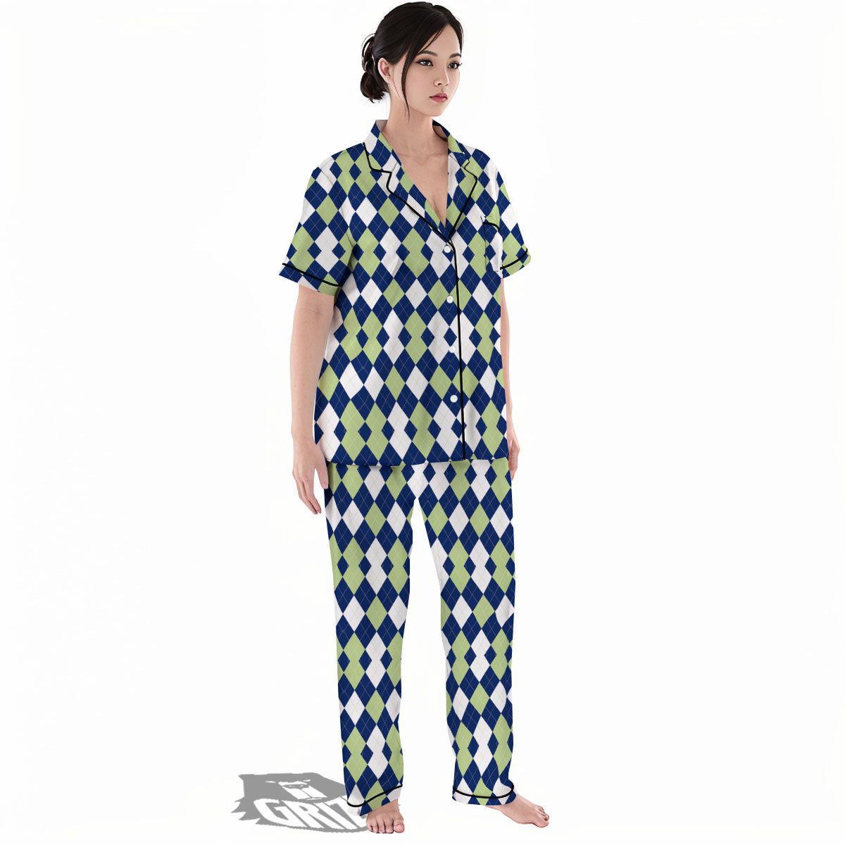 Navy Green And White Argyle Print Women's Pajamas Set-grizzshop