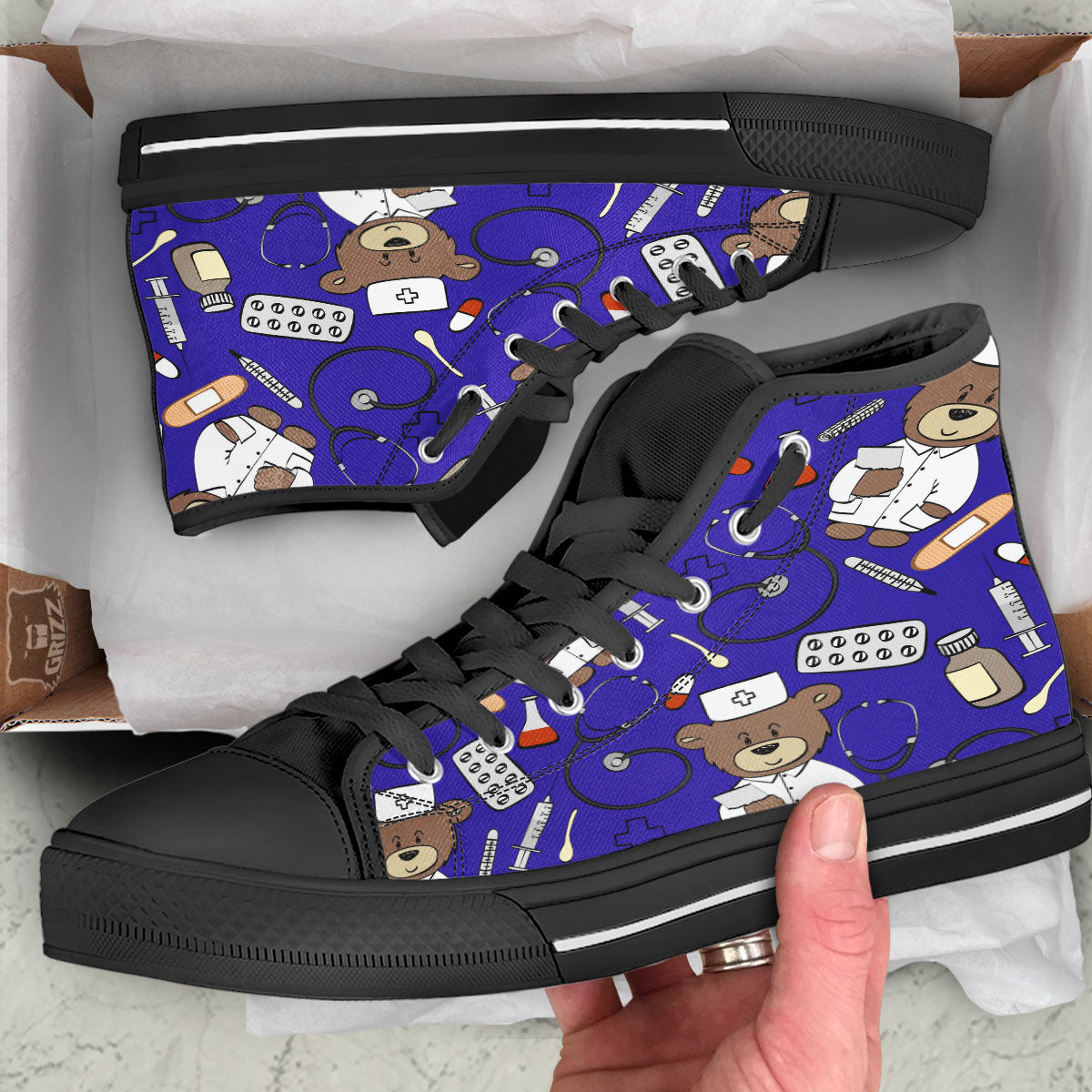 Navy Green Teddy Bear Nurse Black High Top Shoes-grizzshop